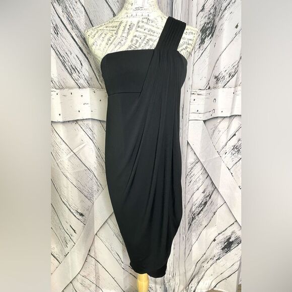 Boston Proper One Shoulder Tulip Dress Black 6 - Picture 1 of 7